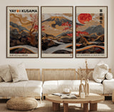 77970791-MGV-FC-60X30-3P_Walnut-Mount Fuji Golden Abstract Wall Art – Japanese Landscape Canvas Poster, Cherry Blossom & Red Sun Painting, Elegant Zen Oriental