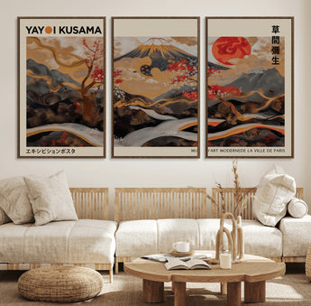 77970791-MGV-FC-60X30-3P_Walnut-Mount Fuji Golden Abstract Wall Art – Japanese Landscape Canvas Poster, Cherry Blossom & Red Sun Painting, Elegant Zen Oriental