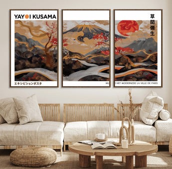 85375874-MGV-FC-60X30-3P_Walnut-Mount Fuji Abstract Wall Art – Japanese Landscape Canvas Print, Cherry Blossom & Red Sun Painting, Elegant Modern Zen Asian Home