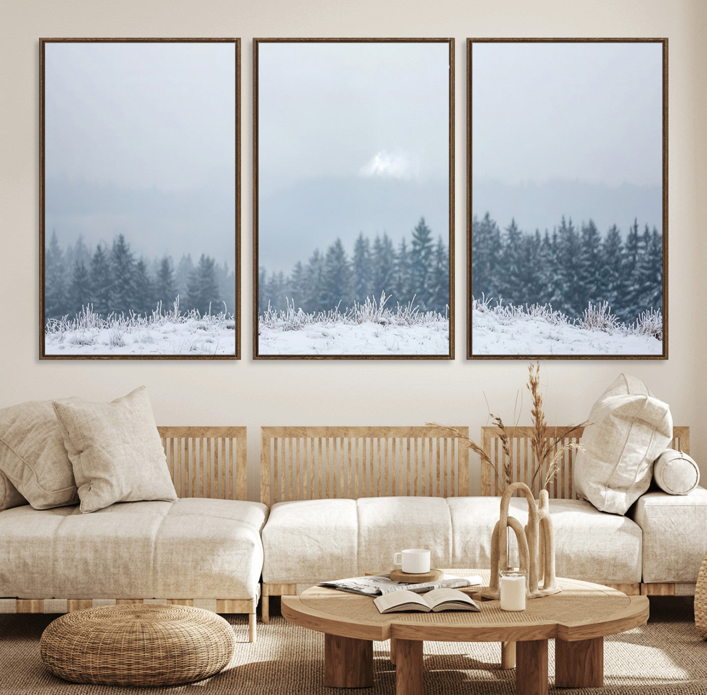 33033082-MGV-CV-36X24-Winter Forest Art Wall Art Canvas Print, Framed Snowy Landscape Art Picture Print, Misty Tree Scene Perfect Nordic Minimalist