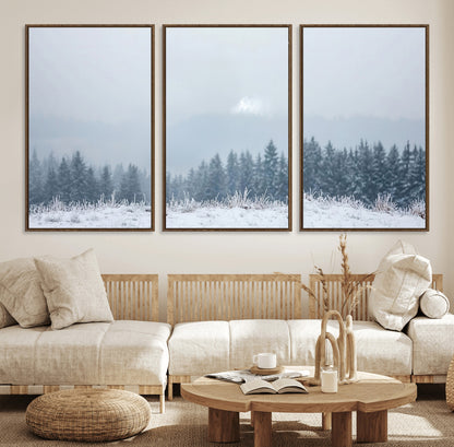 33033082-MGV-CV-36X24-Winter Forest Art Wall Art Canvas Print, Framed Snowy Landscape Art Picture Print, Misty Tree Scene Perfect Nordic Minimalist