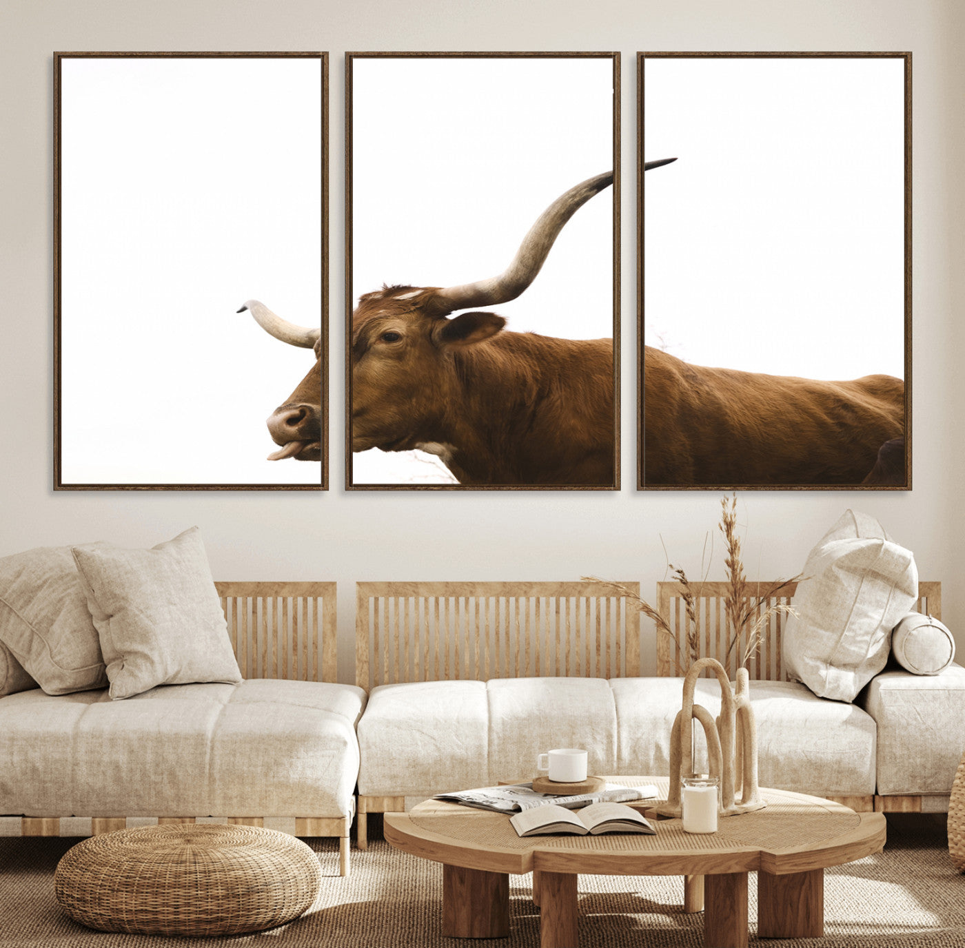 62566114-MGV-FC-60X30-3P_Walnut-Longhorn Cow Art Wall Art Canvas Print, Framed Rustic Animal Decor Art Picture Print, Texas Bull Photo Perfect Rustic Farmhouse