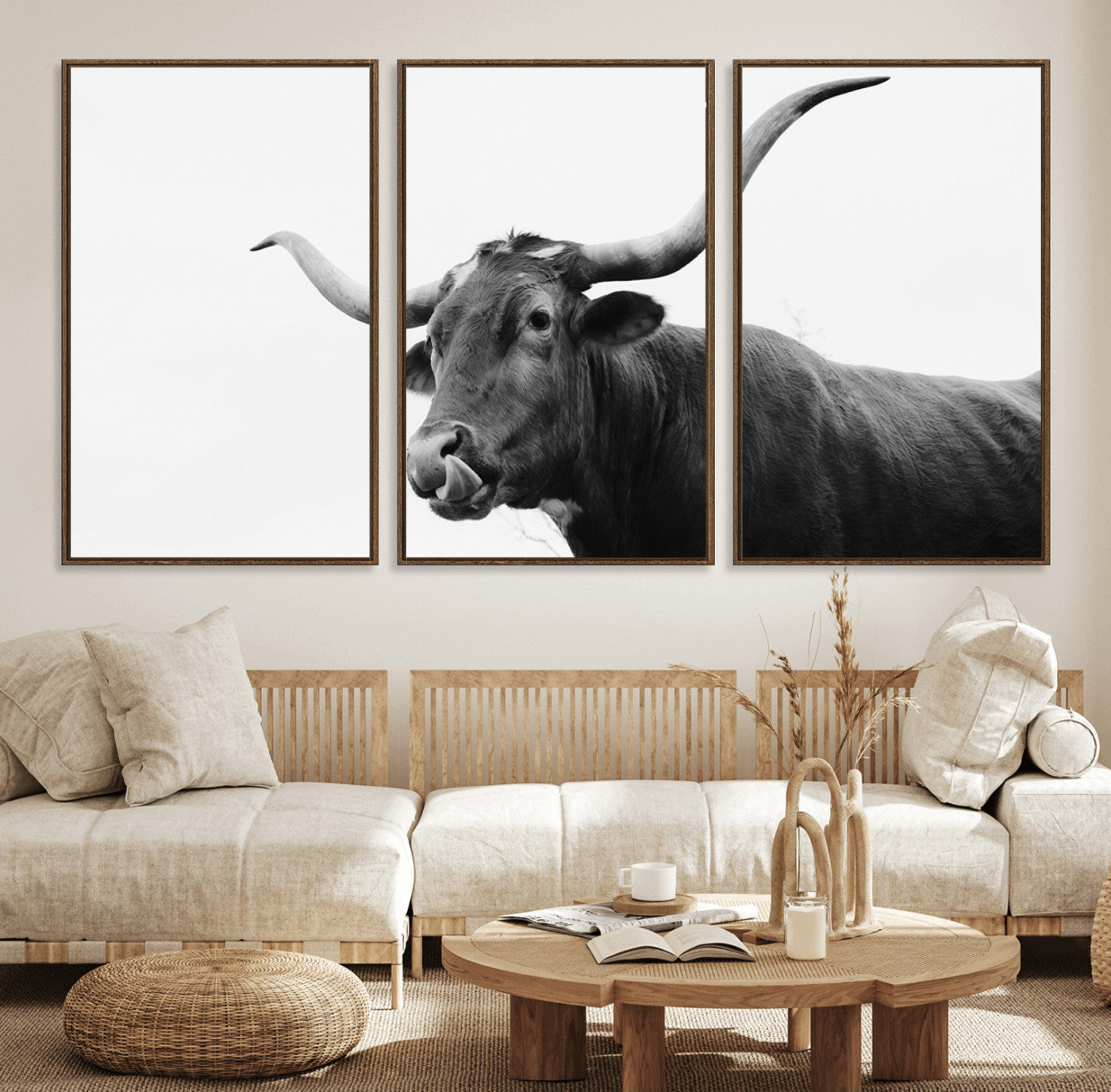 99244177-MGV-FC-60X30-3P_Walnut-Longhorn Photography Wall Art Canvas Print, Framed Western Cow Decor Art Picture Print, Black White Bull Perfect Modern Rustic