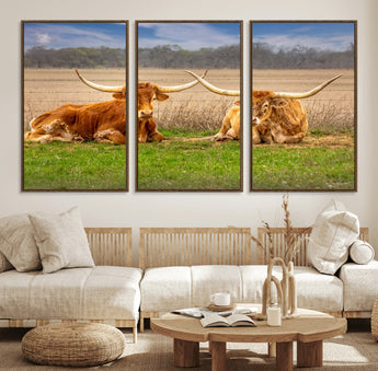 97244565-MGV-FC-60X30-3P_Walnut-Longhorn Duo Wall Art Canvas Print, Framed Cozy Ranch Vibes Art Picture Print, Western Ranch Decor Perfect Rustic Farmhouse Decor