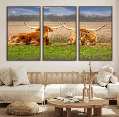 97244565-MGV-FC-60X30-3P_Walnut-Longhorn Duo Wall Art Canvas Print, Framed Cozy Ranch Vibes Art Picture Print, Western Ranch Decor Perfect Rustic Farmhouse Decor