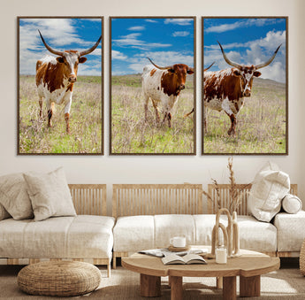 58099948-MGV-FC-60X30-3P_Walnut-Texas Longhorn Wall Art Canvas Print, Framed Western Decor Art Picture Print, Rustic Farmhouse Perfect Western Farmhouse Decor