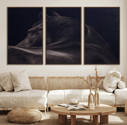 67026880-MGV-CV-36X24-Black Horse Portrait Wall Art Canvas Print, Framed Moody Horse Decor Art Picture Print, Equestrian Wall Style Perfect Masculine