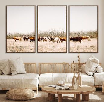 12454132-MGV-FC-60X30-3P_Walnut-Cow Herd Photography Wall Art Canvas Print, Framed Rustic Farmhouse Decor Art Picture Print, Western Ranch Style Perfect Rustic