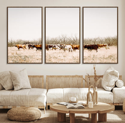 12454132-MGV-FC-60X30-3P_Walnut-Cow Herd Photography Wall Art Canvas Print, Framed Rustic Farmhouse Decor Art Picture Print, Western Ranch Style Perfect Rustic