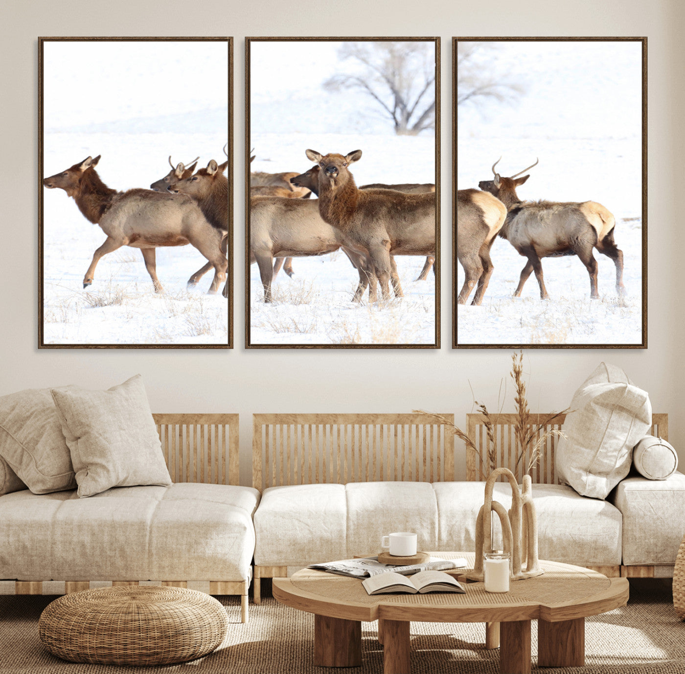 68738684-MGV-CV-36X24-Winter Elk Scene Wall Art Canvas Print, Framed Wildlife Photography Art Picture Print, Snowy Deer Decor Perfect Rustic Lodge Decor