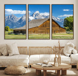 75948467-MGV-CV-36X24-Mountain Barn Scene Wall Art Canvas Print, Framed Rustic Farmhouse Style Art Picture Print, Country Cabin Decor Perfect Rustic