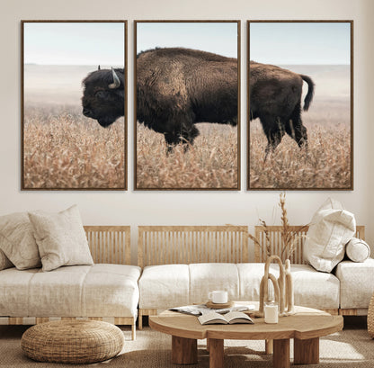 34451925-MGV-FC-60X30-3P_Walnut-Rustic Bison Decor Wall Art Canvas Print, Framed Buffalo Home Accent Art Picture Print, Prairie Wildlife Scene Perfect Western