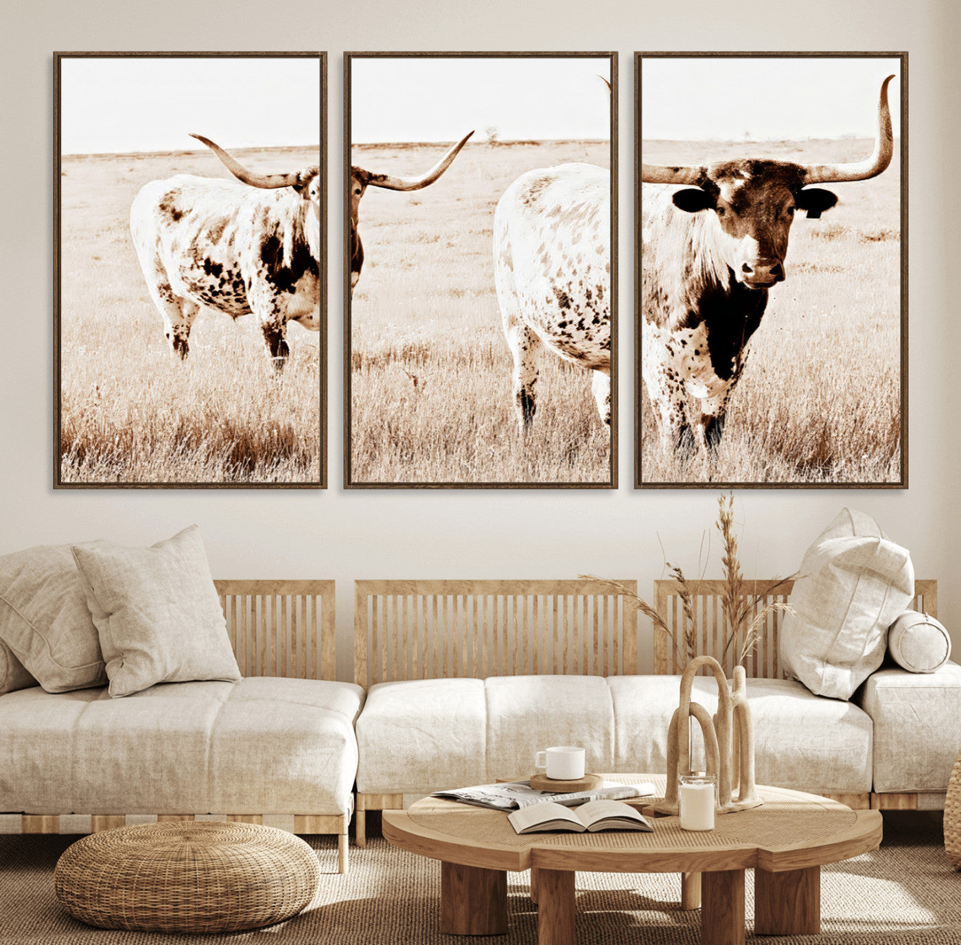 39672786-MGV-FC-60X30-3P_Walnut-Rustic Cow Scene Wall Art Canvas Print, Framed Farmhouse Style Cattle Art Picture Print, Prairie Animal Duo Perfect Rustic Western