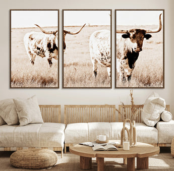 39672786-MGV-FC-60X30-3P_Walnut-Rustic Cow Scene Wall Art Canvas Print, Framed Farmhouse Style Cattle Art Picture Print, Prairie Animal Duo Perfect Rustic Western