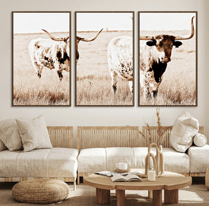 39672786-MGV-FC-60X30-3P_Walnut-Rustic Cow Scene Wall Art Canvas Print, Framed Farmhouse Style Cattle Art Picture Print, Prairie Animal Duo Perfect Rustic Western