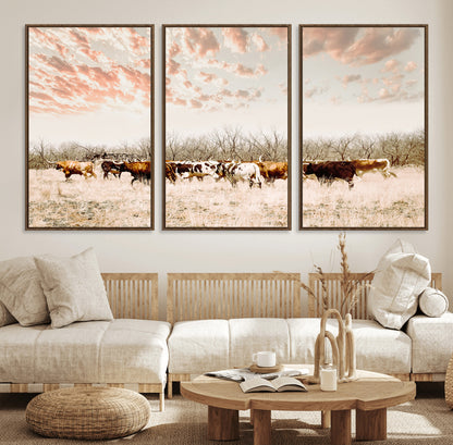 43704663-MGV-CV-36X24-Country Cow Herd Wall Art Canvas Print, Framed Farmhouse Cattle Scene Art Picture Print, Rustic Ranch Decor Perfect Rustic