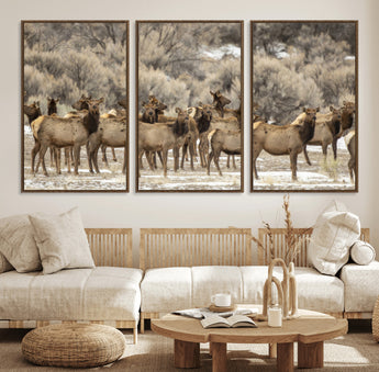 90269422-MGV-CV-36X24-Elk Herd Scene Wall Art Canvas Print, Framed Rustic Wildlife Decor Art Picture Print, Western Cabin Style Perfect Rustic Lodge