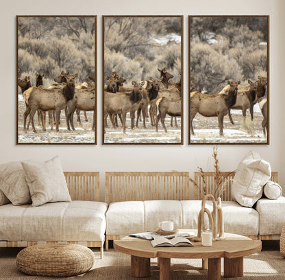 90269422-MGV-FC-60X30-3P_Walnut-Elk Herd Scene Wall Art Canvas Print, Framed Rustic Wildlife Decor Art Picture Print, Western Cabin Style Perfect Rustic Lodge