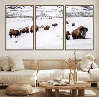 13891210-MGV-CV-36X24-Bison Herd Scene Wall Art Canvas Print, Framed Western Wildlife Decor Art Picture Print, Snowy Mountain Valley Perfect Rustic