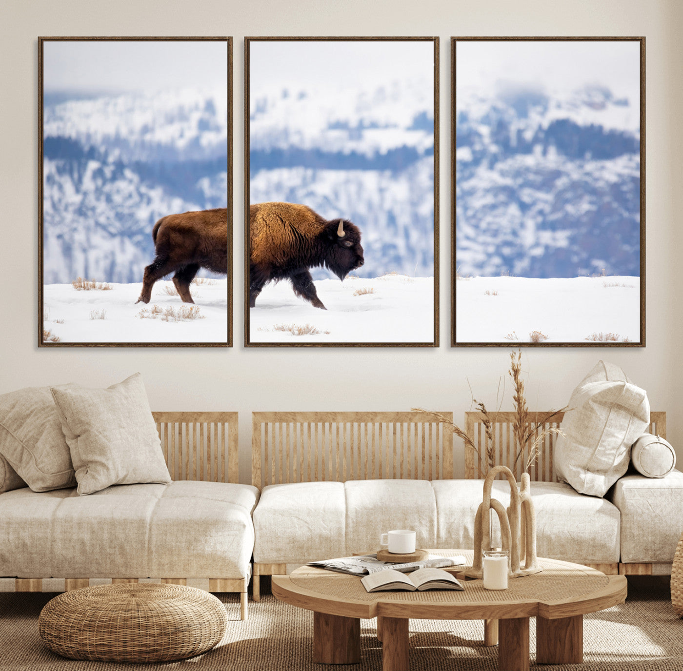 58512275-MGV-FC-60X30-3P_Walnut-Cowboy Aesthetic Wall Art Canvas Print, Framed Neutral Animal Theme Art Picture Print, Bison Ranch Style Perfect Rustic Western