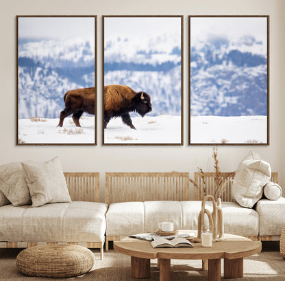 58512275-MGV-FC-60X30-3P_Walnut-Cowboy Aesthetic Wall Art Canvas Print, Framed Neutral Animal Theme Art Picture Print, Bison Ranch Style Perfect Rustic Western