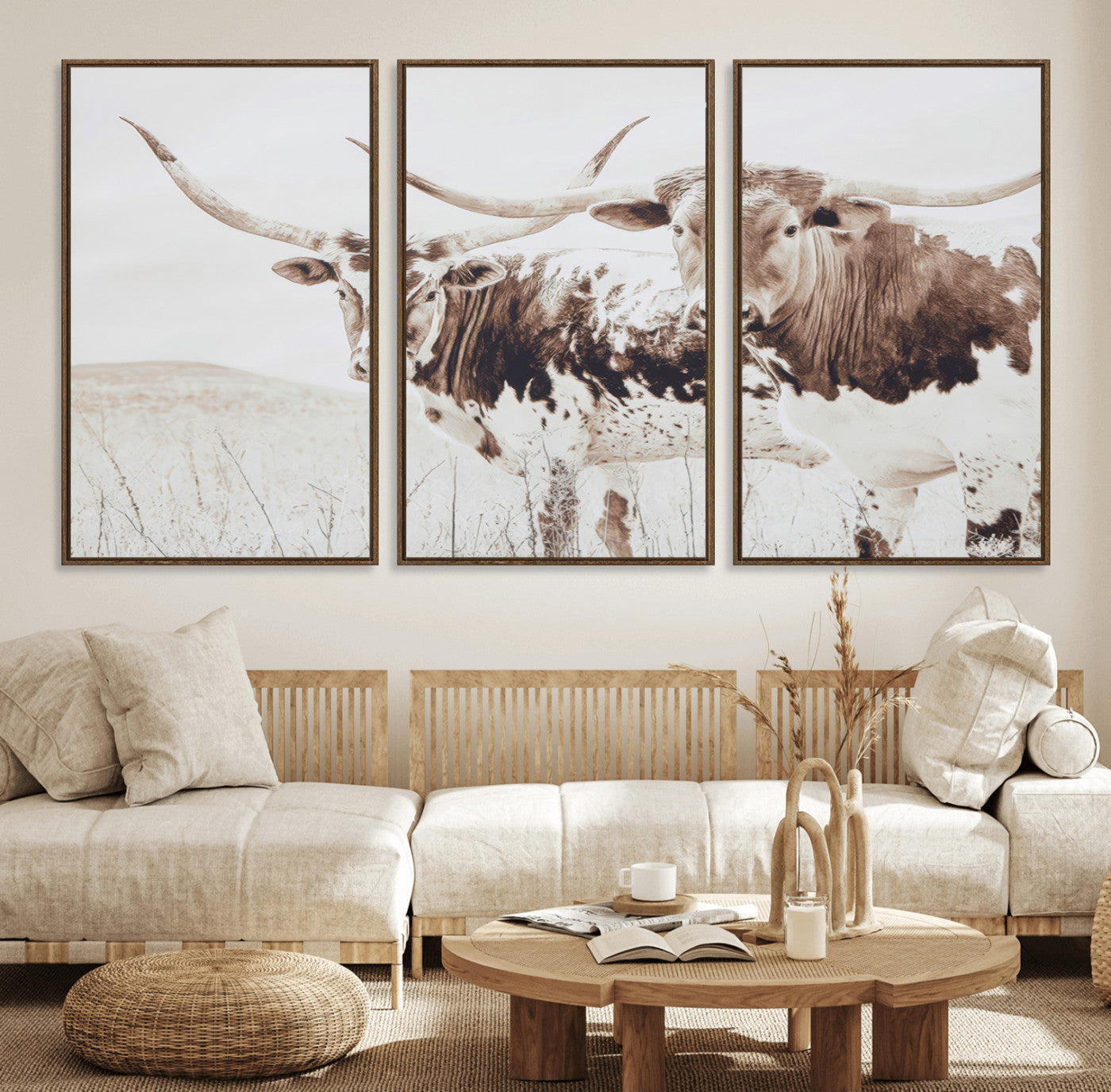 48161868-MGV-CV-36X24-Longhorn Cow Decor Wall Art Canvas Print, Framed Rustic Cattle Art Picture Print, Sepia Western Vibe Perfect Neutral Rustic