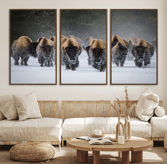 41669135-MGV-FC-60X30-3P_Walnut-Bison Herd Scene Wall Art Canvas Print, Framed Rustic Wildlife Decor Art Picture Print, Snowy Bison Landscape Perfect Rustic