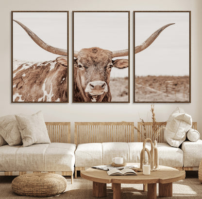 77810049-MGV-CV-36X24-Longhorn Bull Photo Wall Art Canvas Print, Framed Rustic Cow Decor Art Picture Print, Neutral Farmhouse Style Perfect Rustic