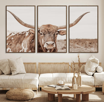 77810049-MGV-FC-60X30-3P_Walnut-Longhorn Bull Photo Wall Art Canvas Print, Framed Rustic Cow Decor Art Picture Print, Neutral Farmhouse Style Perfect Rustic