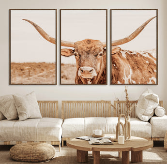 74406977-MGV-CV-36X24-Longhorn Bull Decor Wall Art Canvas Print, Framed Western Cow Theme Art Picture Print, Rustic Farmhouse Wall Perfect Neutral