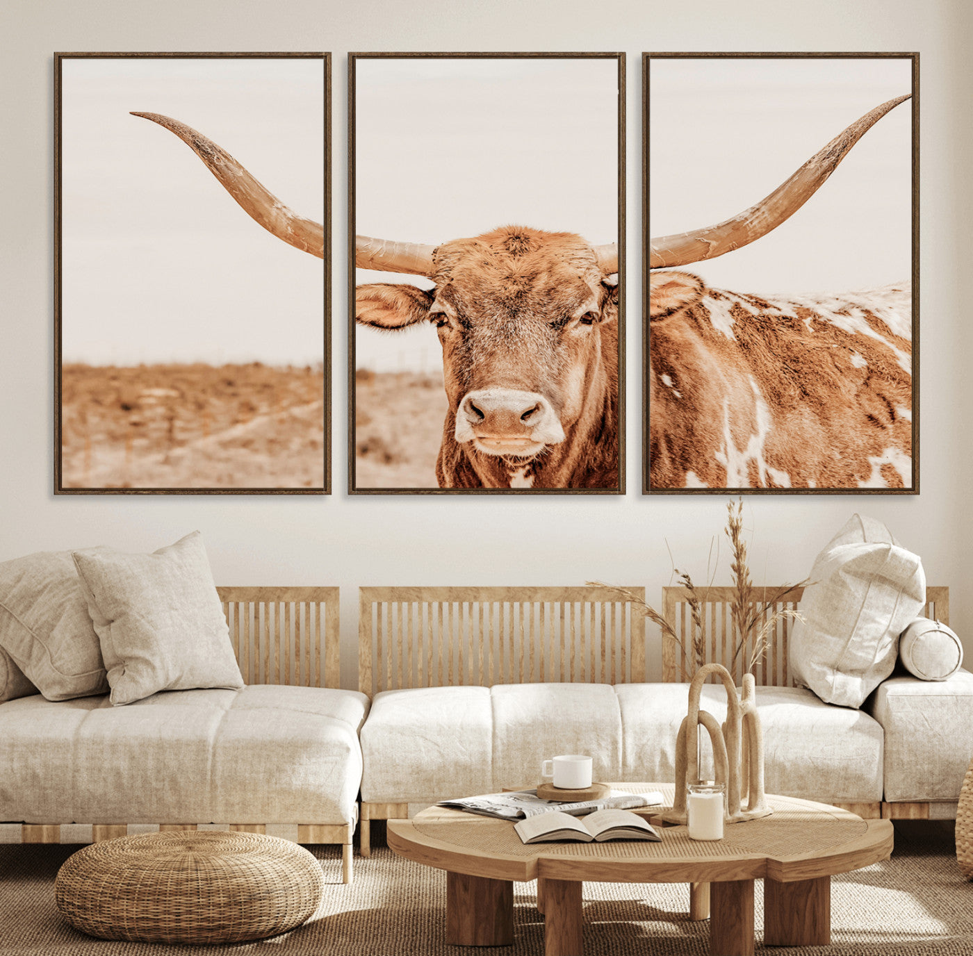 74406977-MGV-FC-60X30-3P_Walnut-Longhorn Bull Decor Wall Art Canvas Print, Framed Western Cow Theme Art Picture Print, Rustic Farmhouse Wall Perfect Neutral