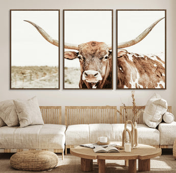 98924580-MGV-CV-36X24-Texas Longhorn Bull Wall Art Canvas Print, Framed Rustic Farmhouse Decor Art Picture Print, Western Animal Theme Perfect Rustic