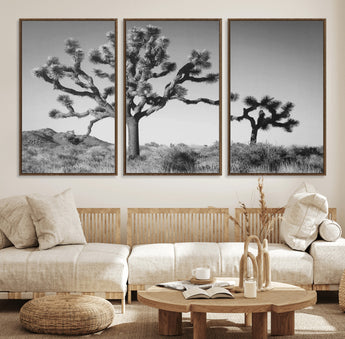 93692513-MGV-FC-60X30-3P_Walnut-Joshua Tree Wall Art Canvas Print, Framed Monochrome Desert Art Picture Print, Minimalist Nature Scene Perfect Southwestern