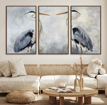 90806932-MGV-FC-60X30-3P_Walnut-Heron Wall Art Wall Art Canvas Print, Framed Bird Canvas Decor Art Picture Print, Nature Inspired Perfect Coastal Minimalist Decor