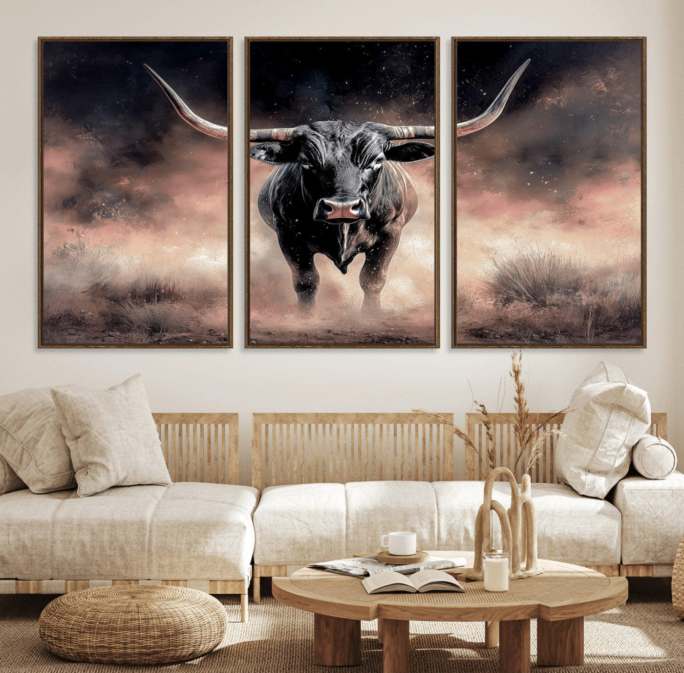 71457818-MGV-FC-60X30-3P_Walnut-Longhorn Wall Art Wall Art Canvas Print, Framed Western Bull Canvas Art Picture Print, Rustic Cow Decor Perfect Western Dramatic