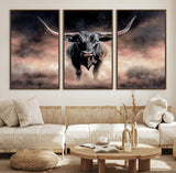 71457818-MGV-FC-60X30-3P_Walnut-Longhorn Wall Art Wall Art Canvas Print, Framed Western Bull Canvas Art Picture Print, Rustic Cow Decor Perfect Western Dramatic