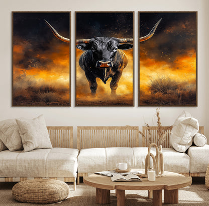 58293979-MGV-FC-60X30-3P_Walnut-Longhorn Canvas Wall Art Canvas Print, Framed Bold Bull Wall Art Art Picture Print, Western Animal Decor Perfect Western Dramatic
