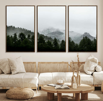 55968349-MGV-FC-60X30-3P_Walnut-Misty Mountains Wall Art Canvas Print, Framed Foggy Forest Art Picture Print, Snowy Peaks Perfect Moody Wilderness Decor Artwork