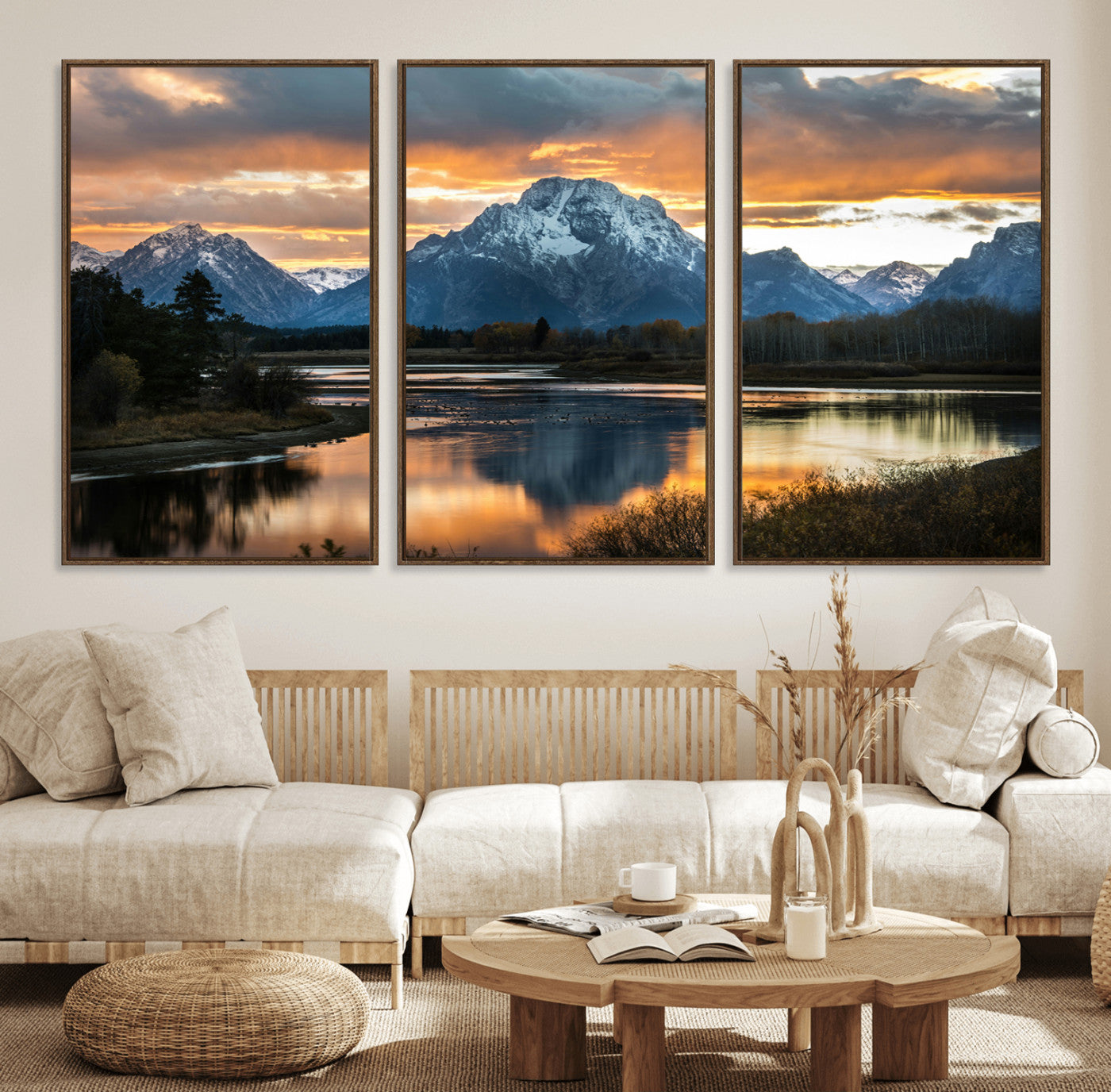 14130176-MGV-FC-60X30-3P_Walnut-Mountain Sunset Wall Art Canvas Print, Framed Alpine Wilderness Art Picture Print, Golden Hour Perfect Rustic Wilderness Decor