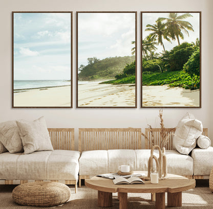 42984524-MGV-FC-60X30-3P_Walnut-Relaxing Beach Wall Art Canvas Print, Framed Ocean View Art Picture Print, Coastal Serenity Perfect Tropical Coastal Decor Artwork