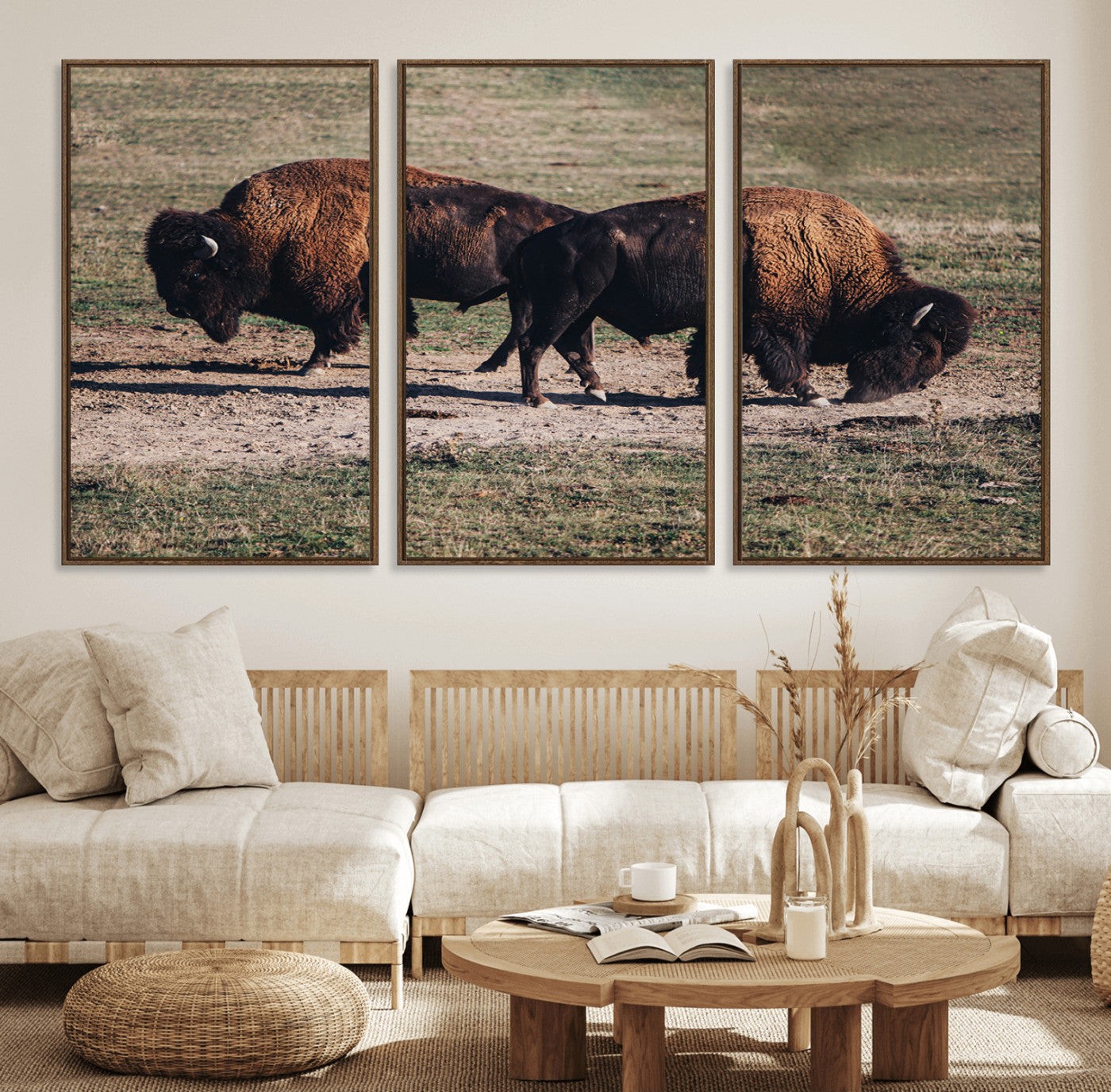 58141885-MGV-FC-60X30-3P_Walnut-Bison Photography Wall Art Canvas Print, Framed Western Wildlife Art Picture Print, Modern Ranch Perfect Western Rustic Decor
