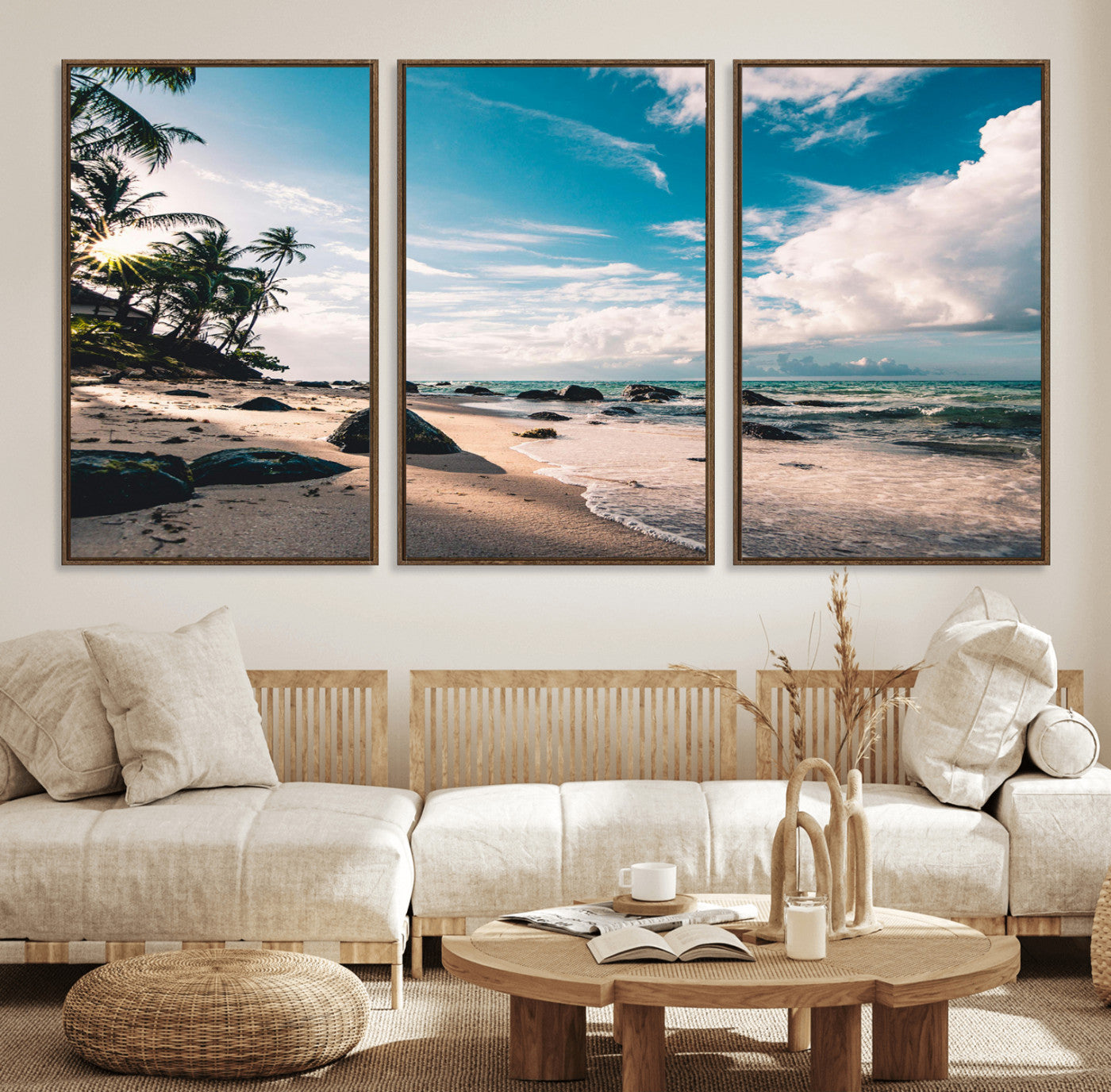 95301406-MGV-FC-60X30-3P_Walnut-Tropical Beach Wall Art Canvas Print, Framed Ocean Waves Art Picture Print, Relazxing Seascape Perfect Tropical Coastal Decor
