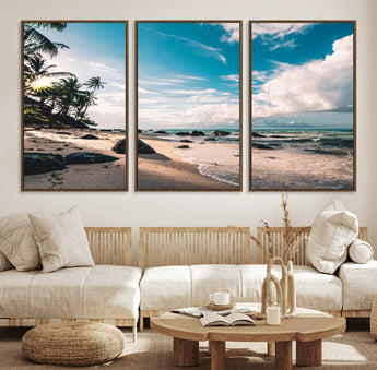95301406-MGV-FC-60X30-3P_Walnut-Tropical Beach Wall Art Canvas Print, Framed Ocean Waves Art Picture Print, Relazxing Seascape Perfect Tropical Coastal Decor