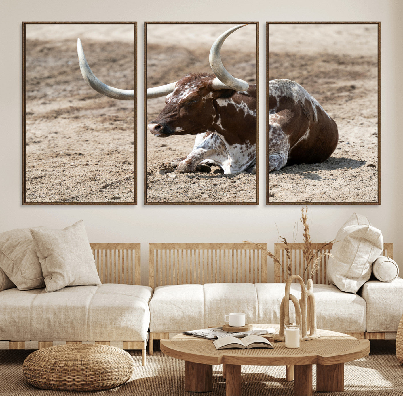 76549210-MGV-CV-36X24-Texas Longhorn Wall Art Canvas Print, Framed Country Living Art Picture Print, Farmhouse Aesthetic Perfect Western Rustic Decor
