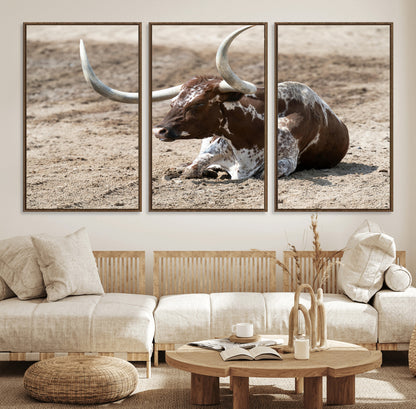 76549210-MGV-CV-36X24-Texas Longhorn Wall Art Canvas Print, Framed Country Living Art Picture Print, Farmhouse Aesthetic Perfect Western Rustic Decor