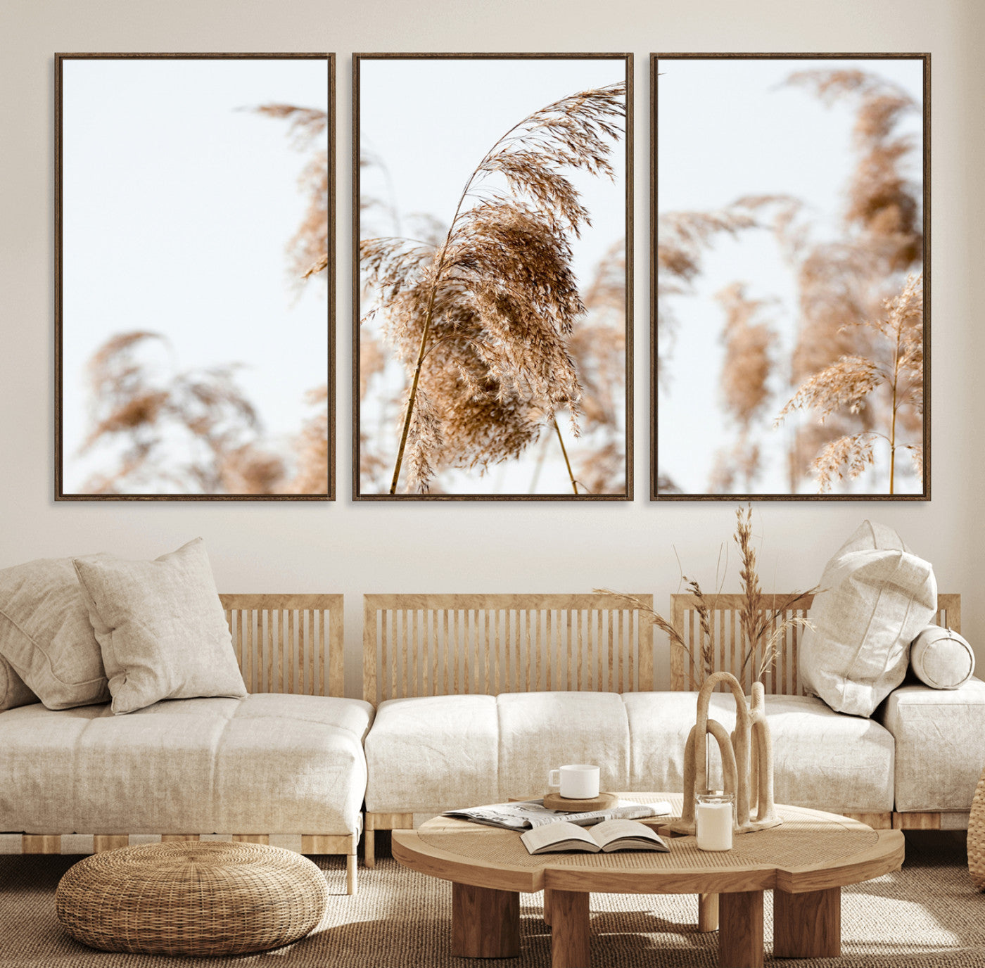 17019393-MGV-FC-60X30-3P_Walnut-Pampas Grass Wall Art Canvas Print, Framed Neutral Tones Art Picture Print, Minimalist Nature Perfect Boho Minimalist Decor