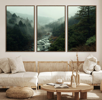 48497565-MGV-FC-60X30-3P_Walnut-Misty Forest Wall Art Canvas Print, Framed Foggy River Art Picture Print, Moody Landscape Perfect Moody Wilderness Decor Artwork