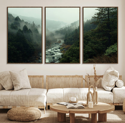 48497565-MGV-FC-60X30-3P_Walnut-Misty Forest Wall Art Canvas Print, Framed Foggy River Art Picture Print, Moody Landscape Perfect Moody Wilderness Decor Artwork