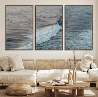 23077324-MGV-FC-60X30-3P_Walnut-Ocean Waves Wall Art Canvas Print, Framed Coastal Serenity Art Picture Print, Surf Aesthetic Perfect Modern Coastal Decor Artwork