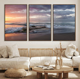 94208089-MGV-FC-60X30-3P_Walnut-Golden Hour Wall Art Canvas Print, Framed Tranquil Waves Art Picture Print, Beach Horizon Perfect Coastal Serenity Decor Artwork